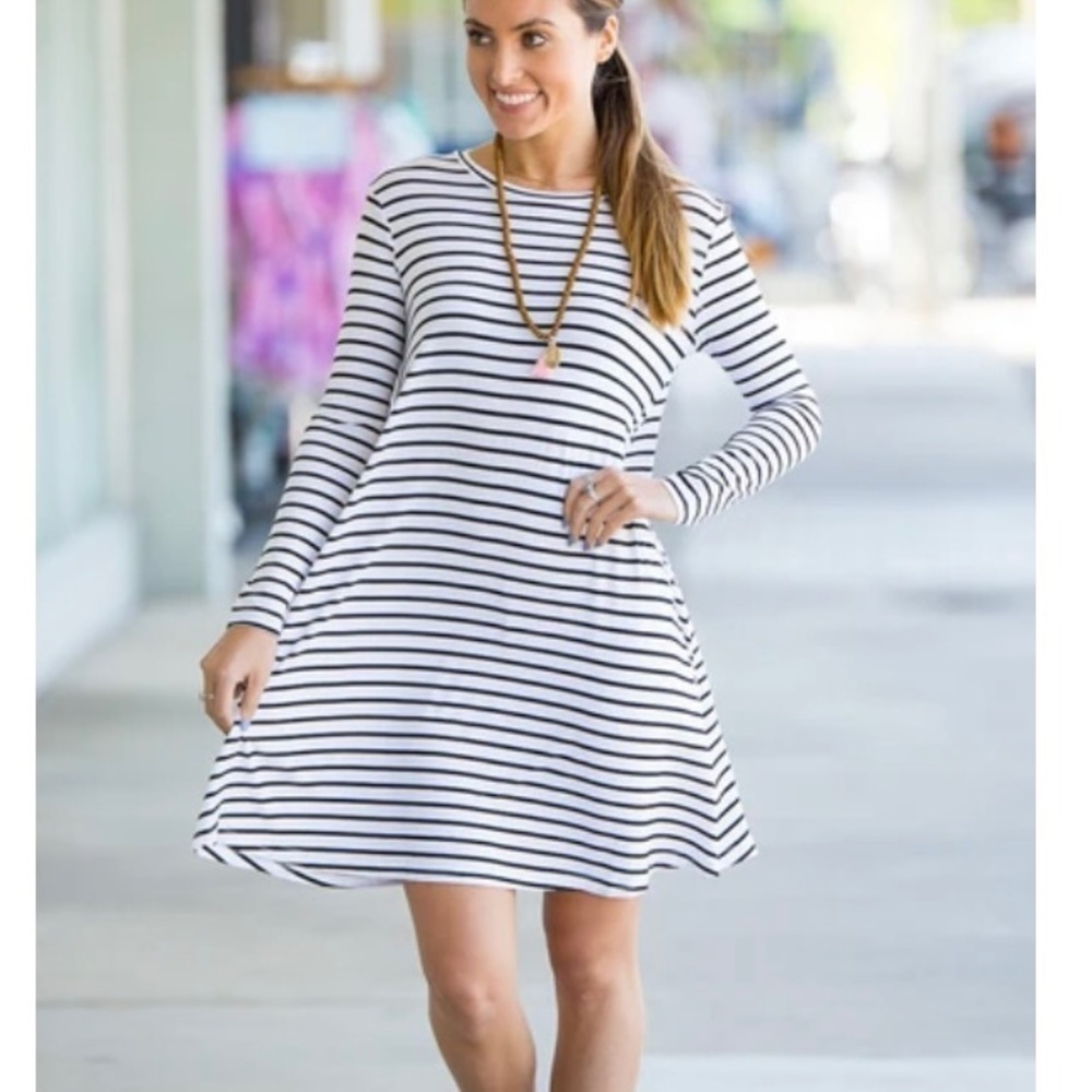 Piko Long Sleeve Tiny Stripe Swing Dress